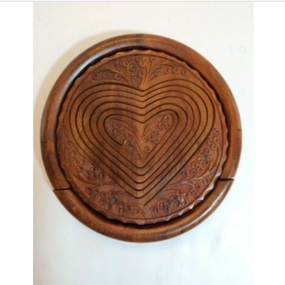 TRIVET To BASKET Heart Shape Hand Carved Wood - Picture 3 of 8